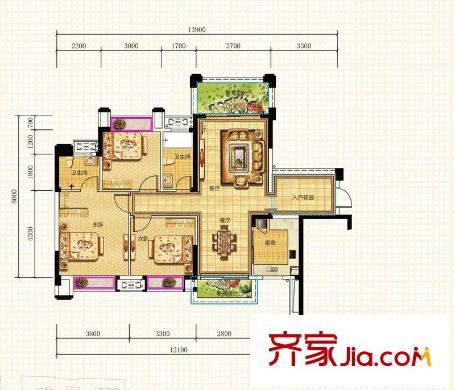 華興?金盛麗景別墅戶型圖A3戶型 3室2廳2衛(wèi)1廚