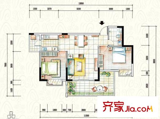 金山湖國墅園別墅戶型圖F棟平層A戶型 2室2廳1衛(wèi)