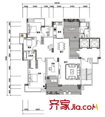 城市原筑戶型圖8號樓D1S戶型（頂層復(fù)式下層 2室2廳2衛(wèi)1廚