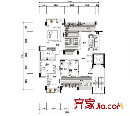 城市原筑戶型圖2、3號(hào)樓A戶型 3室2廳2衛(wèi)