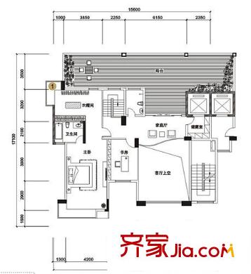 城市原筑戶型圖8號樓D1S戶型（頂層復(fù)式上層 5室2廳2衛(wèi)1廚