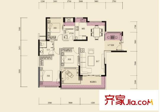 升利悅湖會別墅戶型圖二期4/5棟E1戶型 4室2廳2衛(wèi)1廚