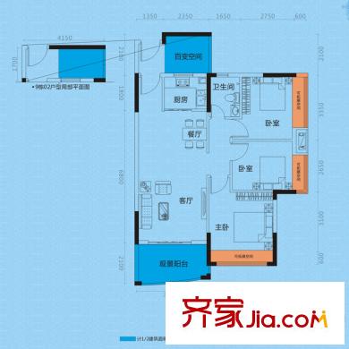 藝都?牛津河畔二期平層D戶型 3室2廳1衛(wèi)1廚
