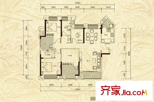 鷺金?御公館B戶型 4室2廳2衛(wèi)1廚