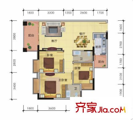 匯德華府戶型圖A戶型 3室2廳2衛(wèi)1廚