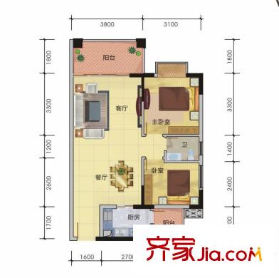 匯德華府戶型圖B戶型 2室2廳1衛(wèi)1廚