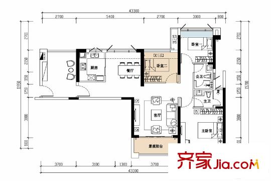 海倫堡?海倫灣5棟01戶型 3室2廳2衛(wèi)1廚