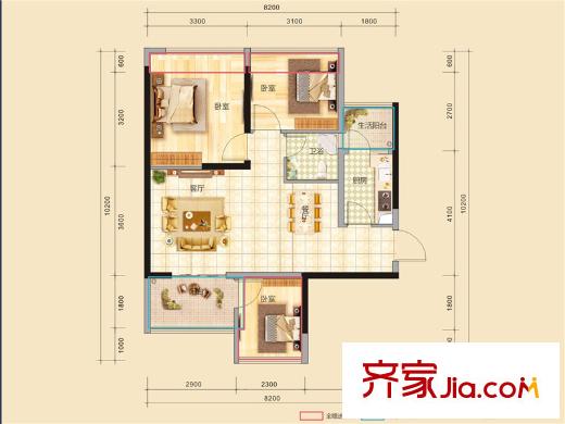 海錦?香檳小鎮(zhèn)C棟B2戶型 3室2廳1衛(wèi)1廚