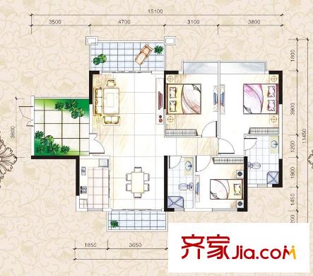 博羅雍華庭戶型圖B戶型 3室2廳2衛(wèi)1廚