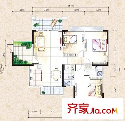 博羅雍華庭戶型圖A2戶型 3室2廳2衛(wèi)1廚