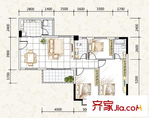 金泰瑞和園A棟一單元05、二單元03戶型 3室2廳2衛(wèi)1廚