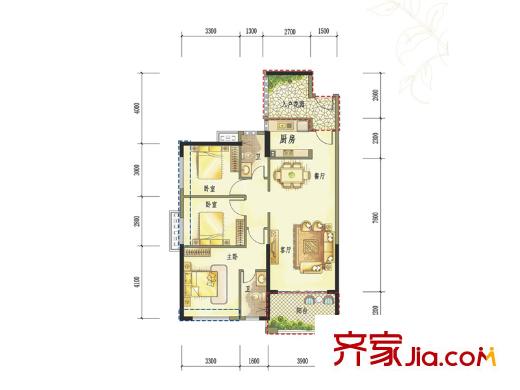 城市山麓3期3/4/5/6棟03/04戶型 3室2廳2衛(wèi)1廚