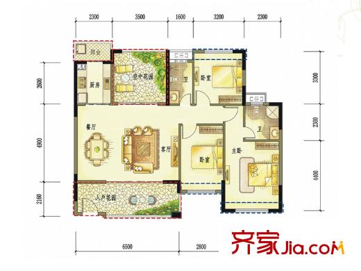 城市山麓3期1棟02戶型戶型圖 3室2廳2衛(wèi)1廚