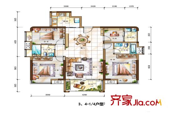 玉臺華庭3/4棟1、4戶型 3室2廳2衛(wèi)1廚
