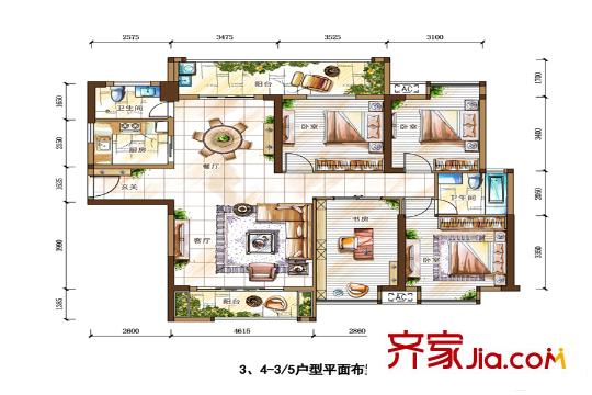 玉臺華庭3/4棟3、5戶型 4室2廳2衛(wèi)1廚