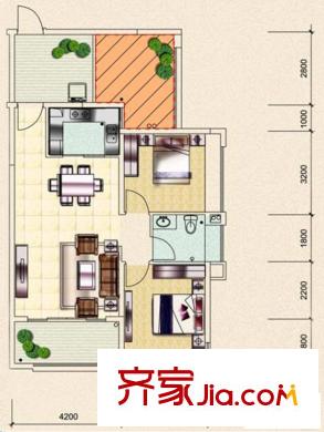 中萃花城灣花語3棟B型 2室2廳1衛(wèi)1廚