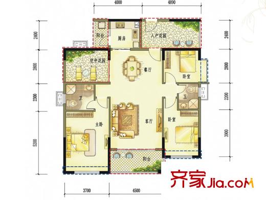 城市山麓3期1棟03戶型戶型圖 3室2廳2衛(wèi)