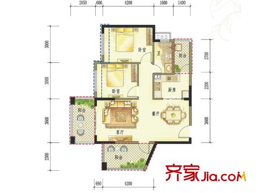 城市山麓3期1棟01戶型戶型圖 2室2廳1衛(wèi)1廚