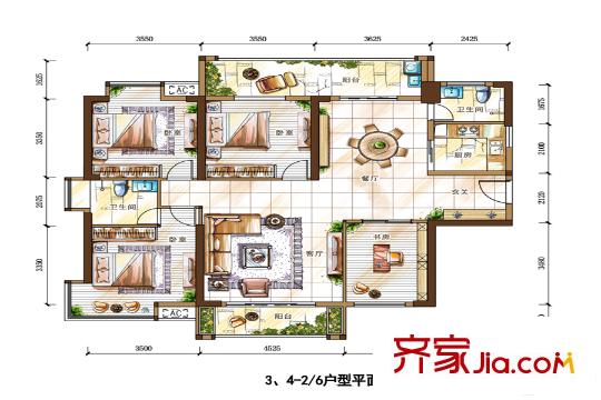 玉臺華庭3/4棟2、6戶型 4室2廳2衛(wèi)1廚