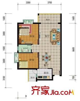 花香四季?雅苑A1戶型圖 2室2廳1衛(wèi)1廚