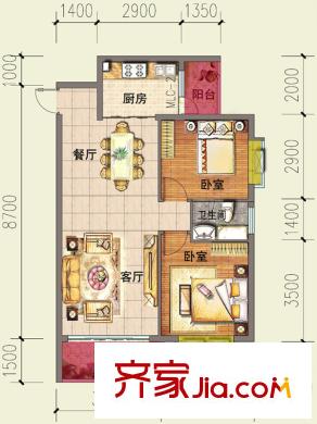 花香四季?雅苑二期A戶型 2室2廳1衛(wèi)1廚