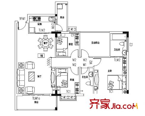 花香四季?雅苑B棟戶型 3室2廳2衛(wèi)1廚