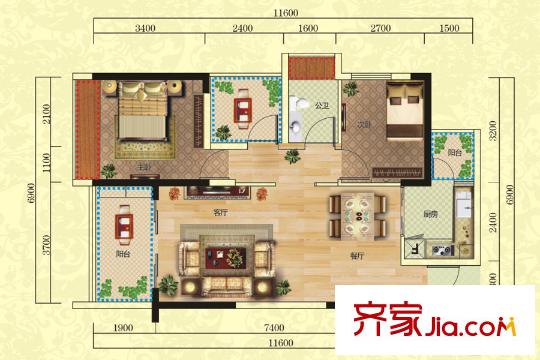 福泰?嘉和園2棟D戶型 2室2廳1衛(wèi)1廚