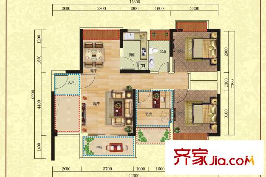 福泰?嘉和園1棟B戶型 2室2廳1衛(wèi)1廚
