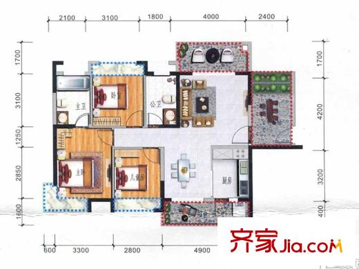 大欣城?世紀(jì)花園1、2、5棟A戶型 3室2廳2衛(wèi)1廚
