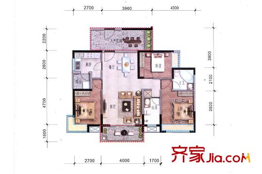 大欣城?世紀(jì)花園3、4棟G戶型 3室2廳2衛(wèi)1廚