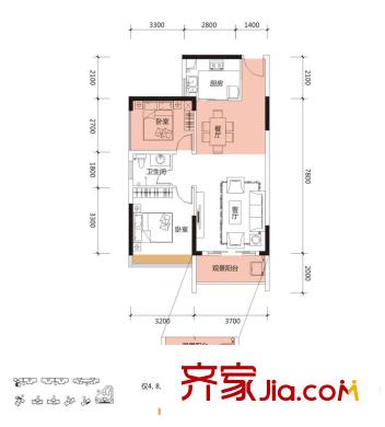 美泰天韻1棟1單元03號戶型圖 2室2廳1衛(wèi)1廚