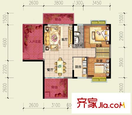 花香四季?雅苑二期B戶型 2室2廳1衛(wèi)1廚
