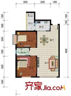花香四季?雅苑A2戶型圖 2室2廳1衛(wèi)1廚