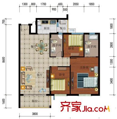 花香四季?雅苑A3戶型圖 3室2廳2衛(wèi)1廚