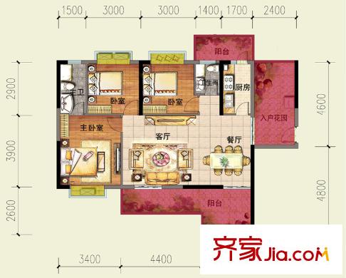 花香四季?雅苑二期D戶型 3室2廳2衛(wèi)1廚