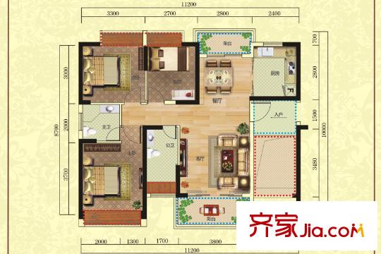 福泰?嘉和園1棟A戶型 3室2廳2衛(wèi)1廚