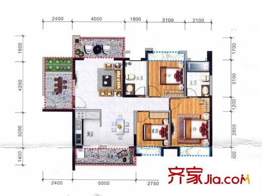 大欣城?世紀(jì)花園1、5棟B戶型 3室2廳2衛(wèi)1廚
