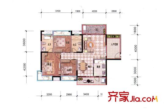 大欣城?世紀(jì)花園3、4棟F戶型 3室2廳2衛(wèi)1廚
