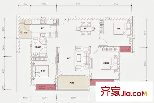 羅浮萬象2-3棟1單元02戶型 3室2廳1衛(wèi)1廚