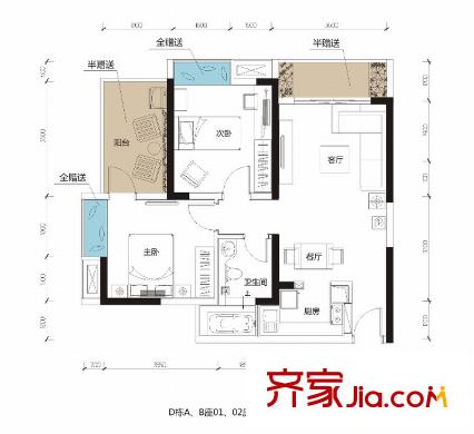 誠(chéng)杰壹中心D1戶型 2室2廳1衛(wèi)1廚