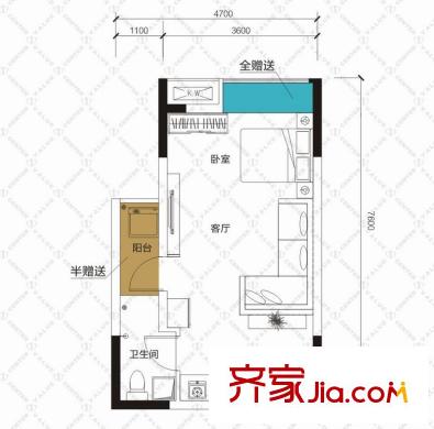 誠(chéng)杰壹中心公寓B2戶型 1室1廳1衛(wèi)1廚