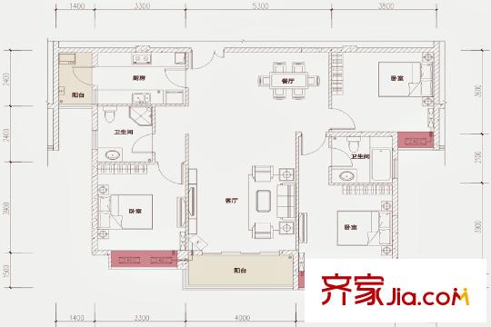 羅浮萬象2-3棟2單元02戶型 3室2廳2衛(wèi)1廚