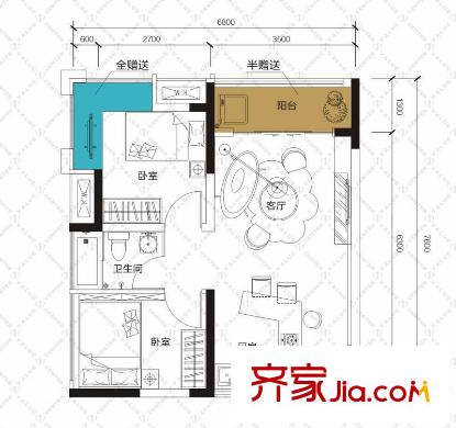 誠(chéng)杰壹中心公寓B3戶型 2室1廳1衛(wèi)1廚