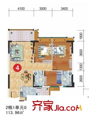 嘉逸園2棟1單元04戶型 3室2廳2衛(wèi)1廚