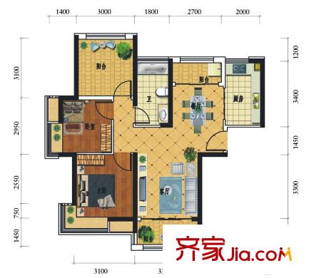 萬城名座花園1/3/4/9棟04單元和2/3/5/9棟01單元A3戶型 3室2廳1衛(wèi)1廚