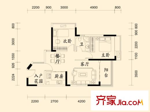 鼎浩城1棟01戶型 2室2廳1衛(wèi)1廚