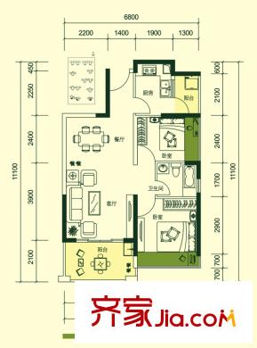 中央公園C1戶型 2室2廳1衛(wèi)1廚