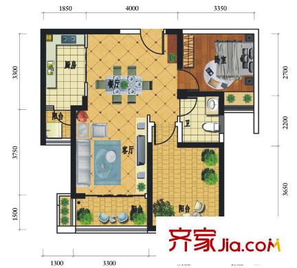 萬城名座花園1-5和9棟02/03單元A2戶型 2室2廳1衛(wèi)1廚