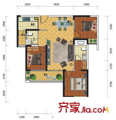 萬城名座花園6/7棟02/03單元B2戶型 3室2廳2衛(wèi)1廚