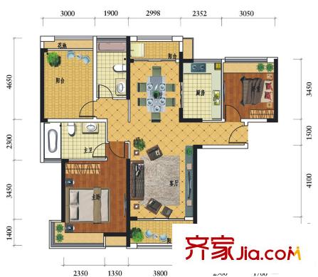 萬城名座花園6/7棟01/04單元B1戶型 3室2廳2衛(wèi)1廚